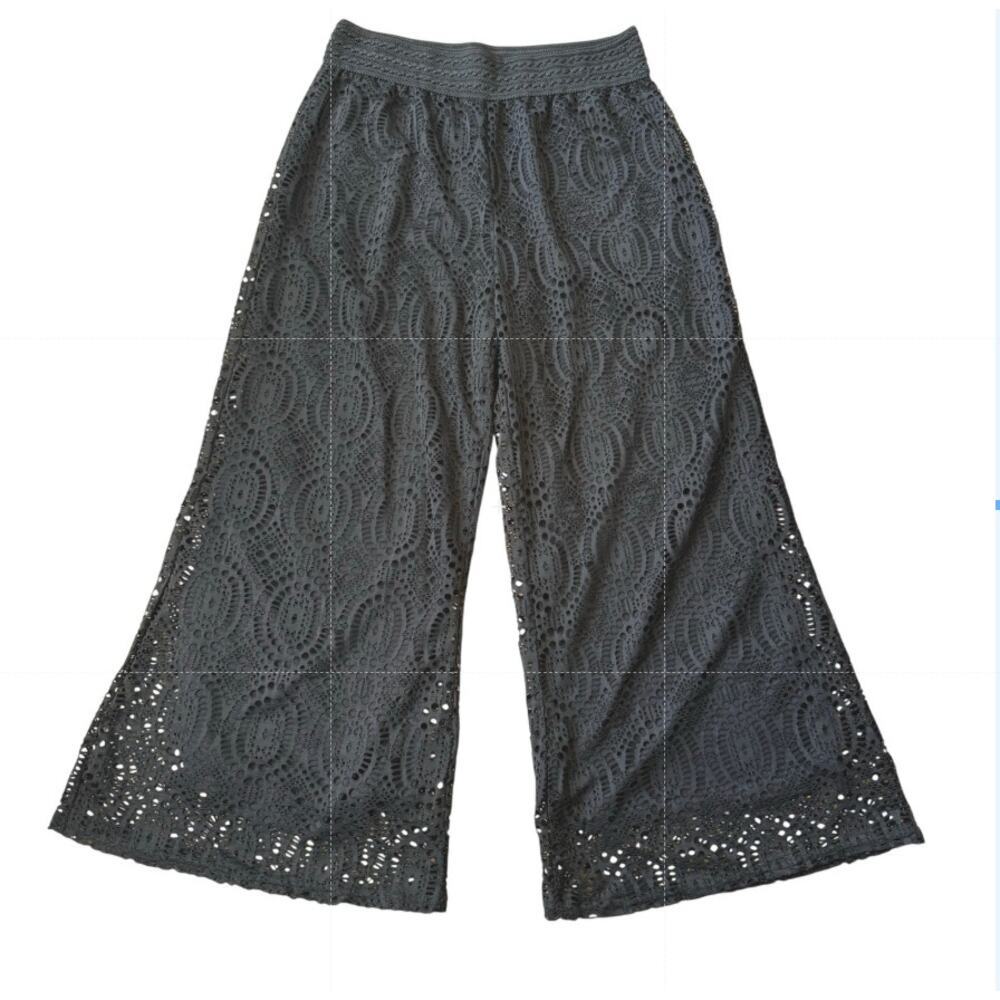 Black Lace Crochet Overlay Wide Leg Ankle Pants Sz M Romantic Gothic Boho Indie